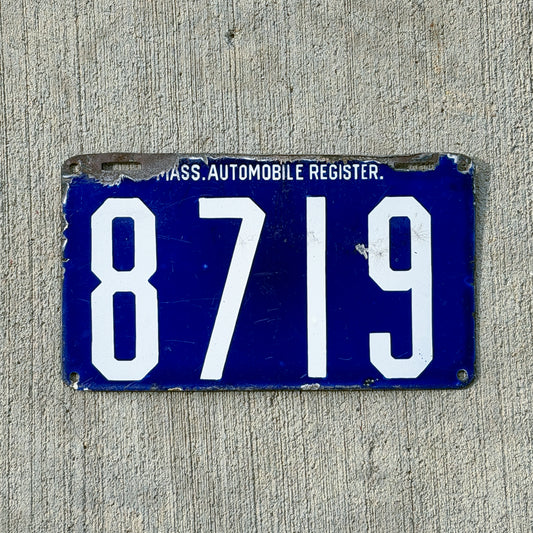 Photo of a 1904 Massachusetts Porcelain License Plate Auto Tag Garage Decor Vintage Nice Quality Four Digit Small Font 8719 with original patina