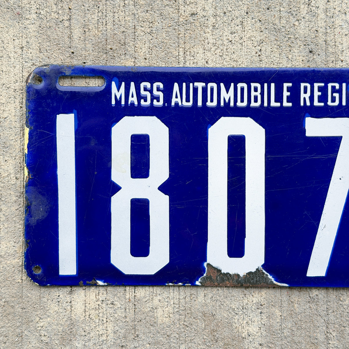 Photo of a 1905 1906 Massachusetts Porcelain License Plate Auto Tag 1 Vintage Garage MAR Mass Auto Register 18078 with original patina