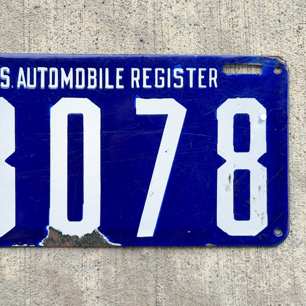 Photo of a 1905 1906 Massachusetts Porcelain License Plate Auto Tag 1 Vintage Garage MAR Mass Auto Register 18078 with original patina