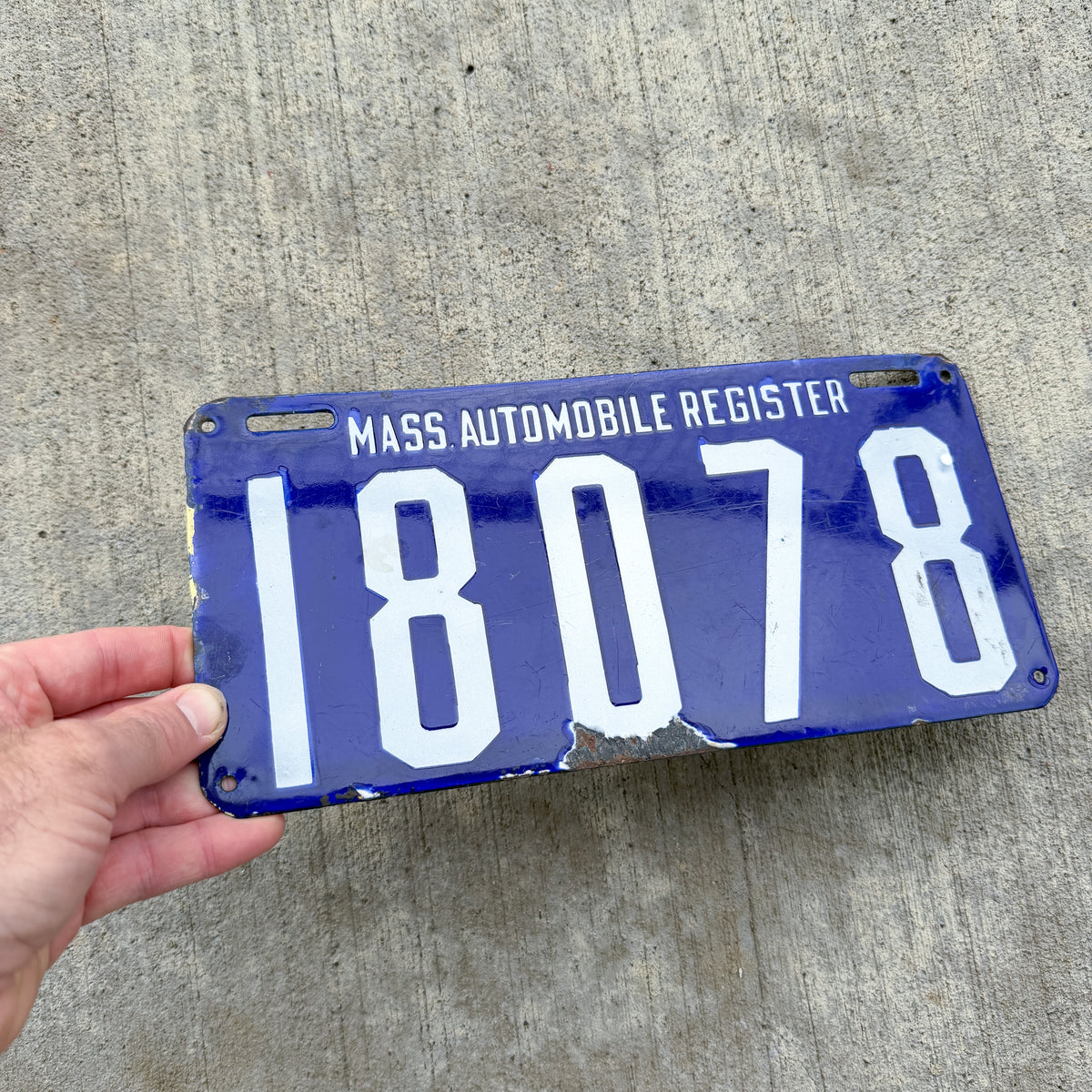 Photo of a 1905 1906 Massachusetts Porcelain License Plate Auto Tag 1 Vintage Garage MAR Mass Auto Register 18078 with original patina