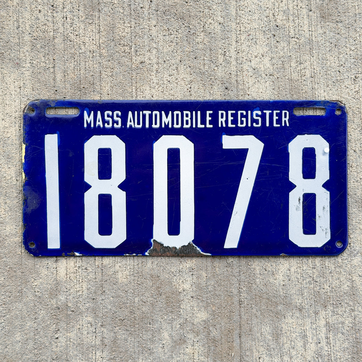 Photo of a 1905 1906 Massachusetts Porcelain License Plate Auto Tag 1 Vintage Garage MAR Mass Auto Register 18078 with original patina