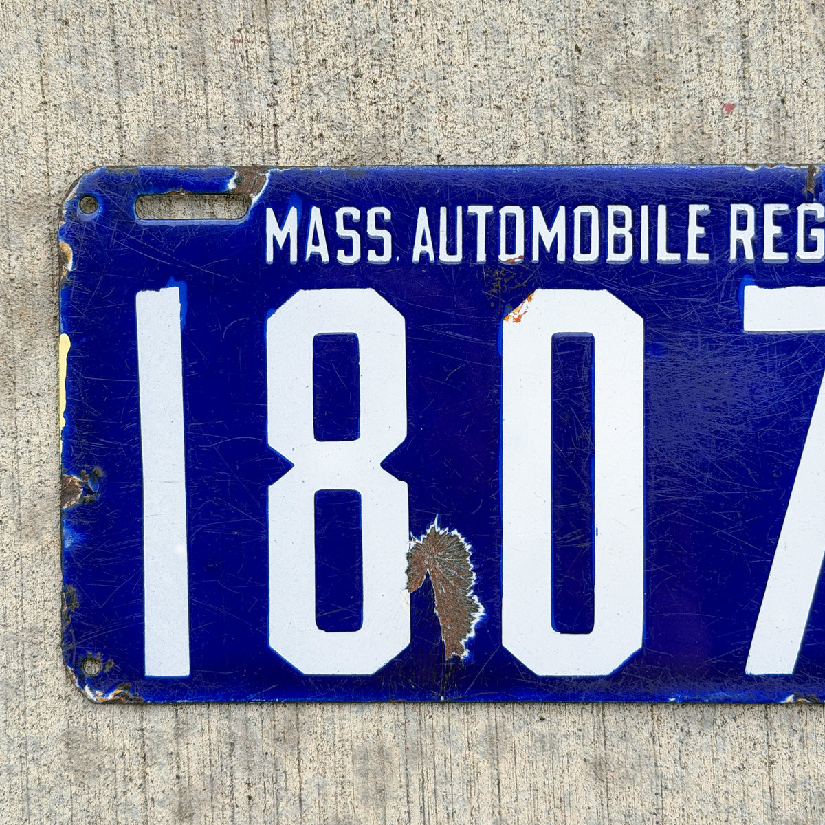 Photo of a 1905 1906 Massachusetts Porcelain License Plate Auto Tag 2 Vintage Garage MAR Mass Auto Register 18078 with original patina