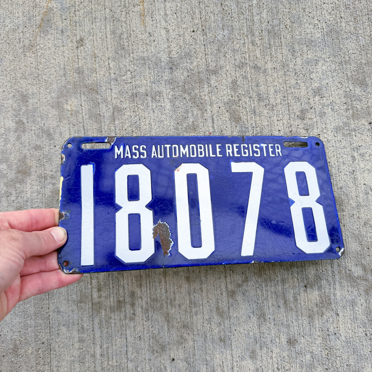 Photo of a 1905 1906 Massachusetts Porcelain License Plate Auto Tag 2 Vintage Garage MAR Mass Auto Register 18078 with original patina