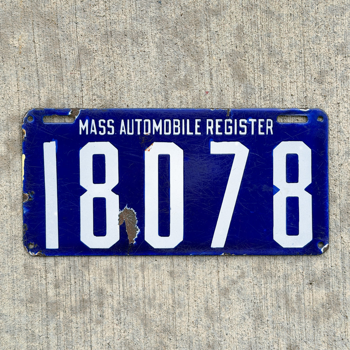 Photo of a 1905 1906 Massachusetts Porcelain License Plate Auto Tag 2 Vintage Garage MAR Mass Auto Register 18078 with original patina