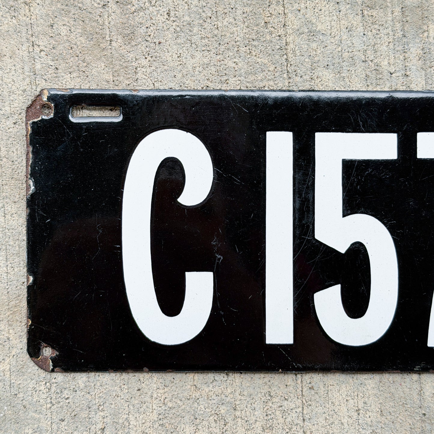 Photo of a 1905 Connecticut Porcelain License Plate Auto Tag Garage Decor Vintage Registered in New Haven 1571 with original patina