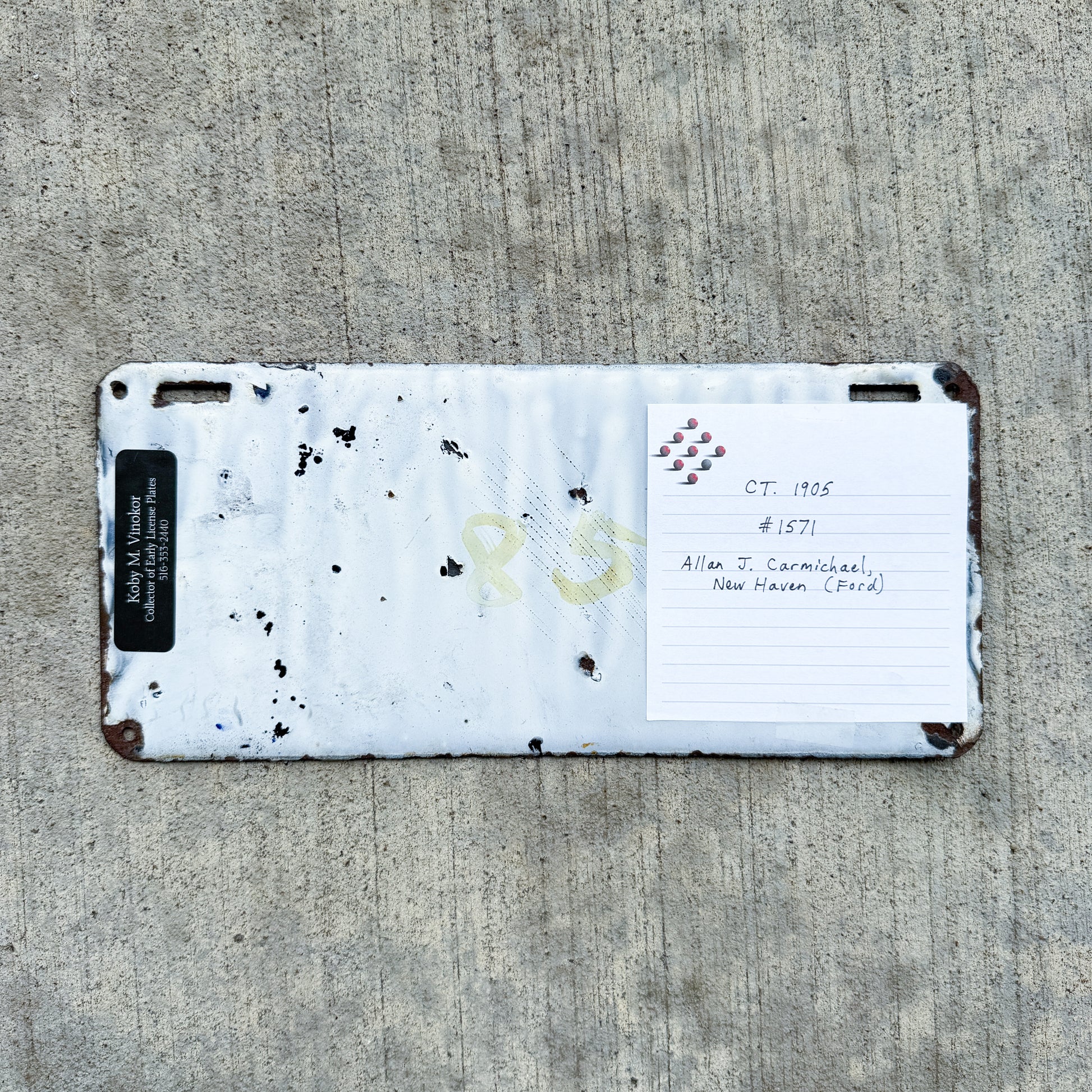 Photo of a 1905 Connecticut Porcelain License Plate Auto Tag Garage Decor Vintage Registered in New Haven 1571 with original patina