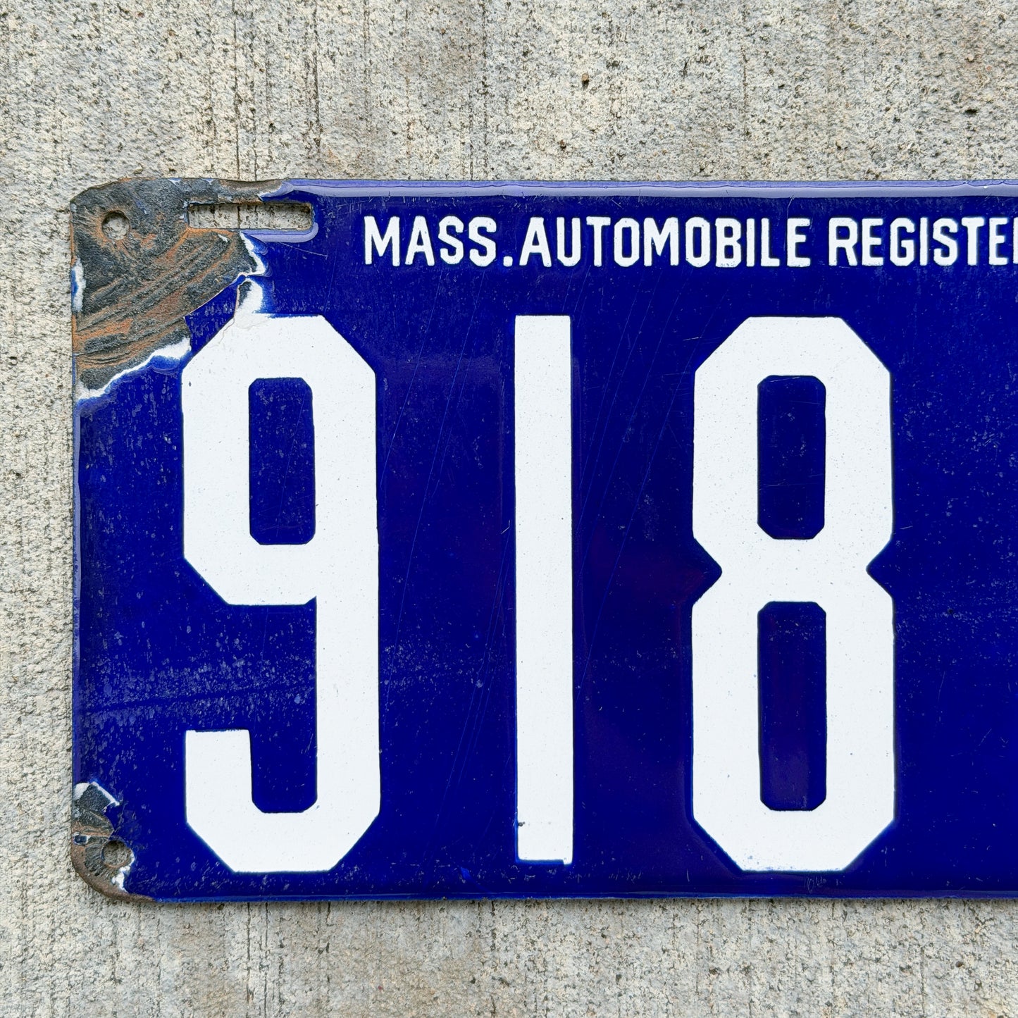 Photo of a 1905 Massachusetts Porcelain License Plate Auto Tag Garage Decor Vintage Low Number Four Digit MAR Mass Auto Register High Quality 9180 with original patina