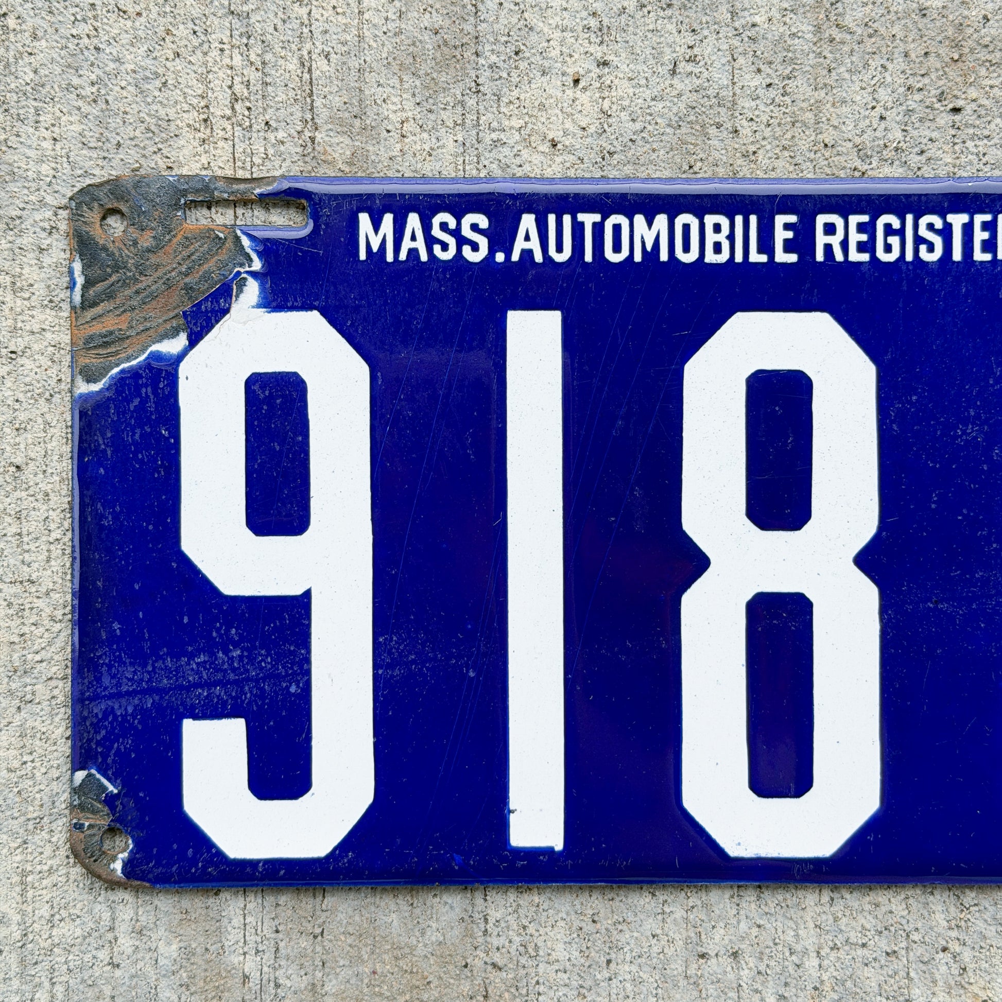 Photo of a 1905 Massachusetts Porcelain License Plate Auto Tag Garage Decor Vintage Low Number Four Digit MAR Mass Auto Register High Quality 9180 with original patina