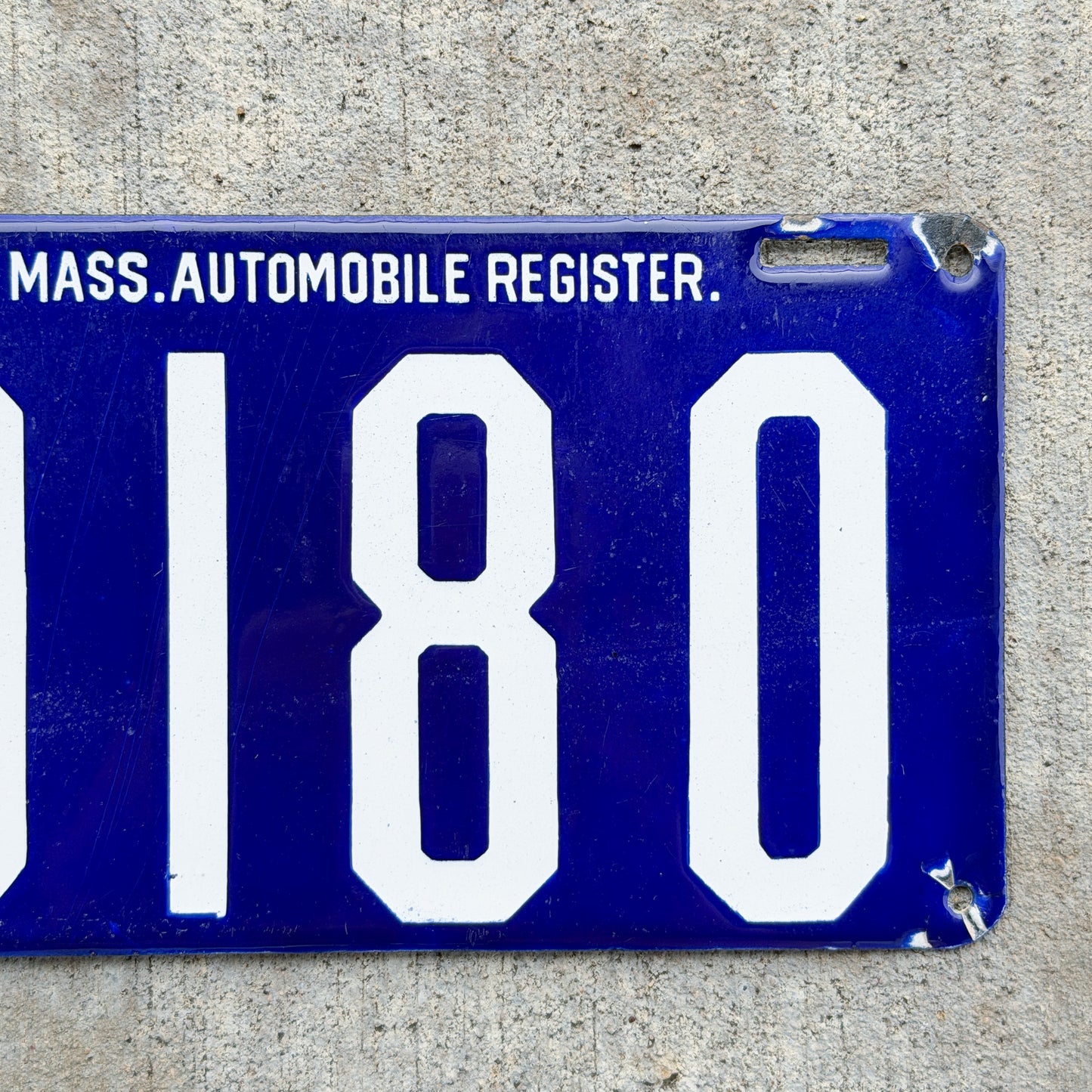 Photo of a 1905 Massachusetts Porcelain License Plate Auto Tag Garage Decor Vintage Low Number Four Digit MAR Mass Auto Register High Quality 9180 with original patina