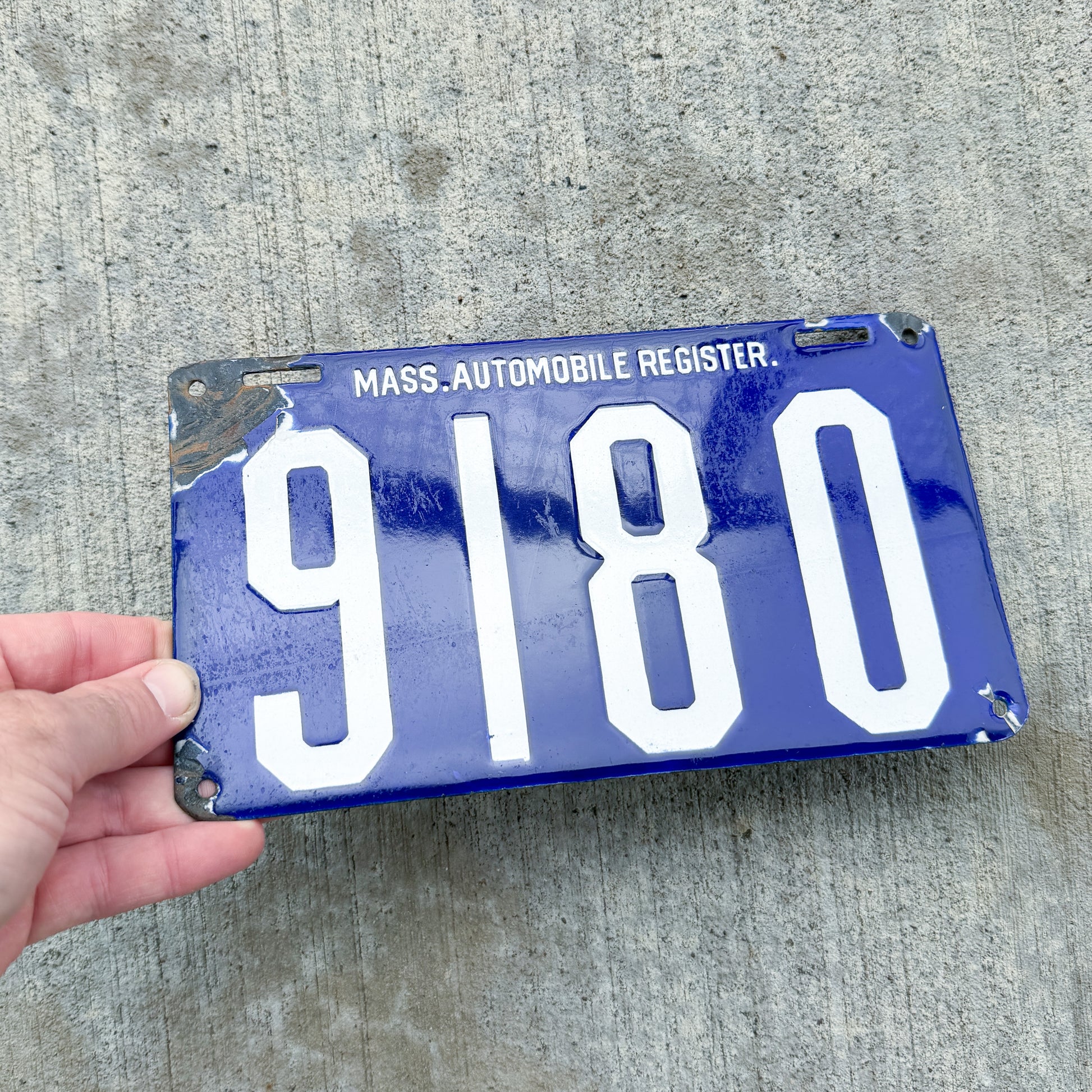 Photo of a 1905 Massachusetts Porcelain License Plate Auto Tag Garage Decor Vintage Low Number Four Digit MAR Mass Auto Register High Quality 9180 with original patina