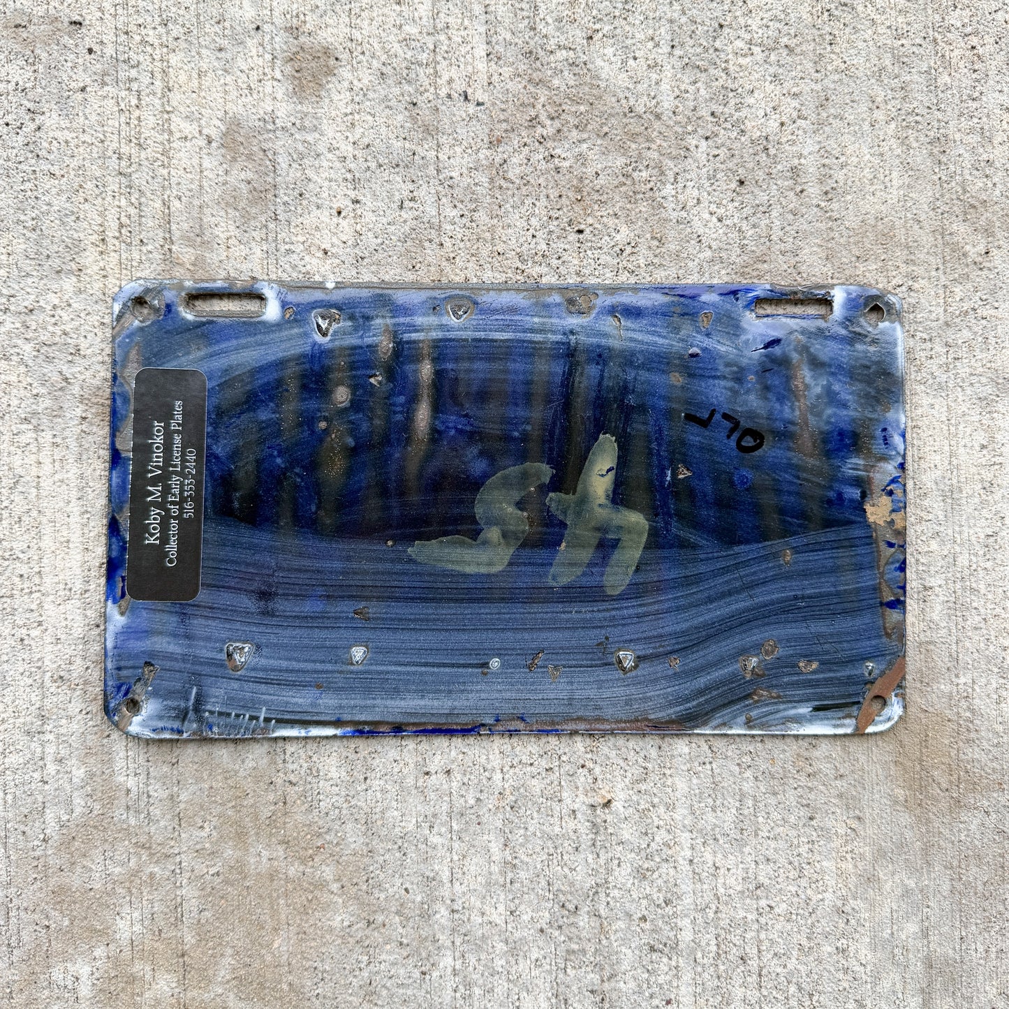 Photo of a 1905 Massachusetts Porcelain License Plate Auto Tag Garage Decor Vintage Low Number Four Digit MAR Mass Auto Register High Quality 9180 with original patina