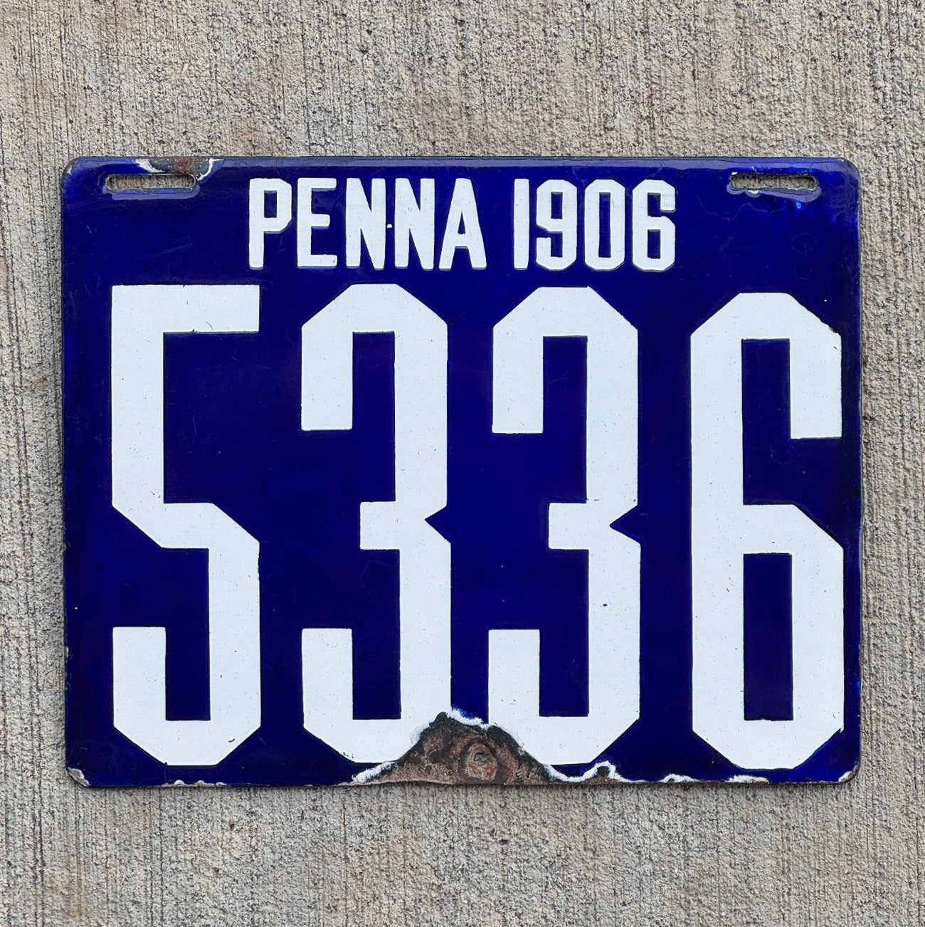 Photo of a 1906 Pennsylvania Porcelain License Plate Auto Tag 1 First Issue 5336 with original patina
