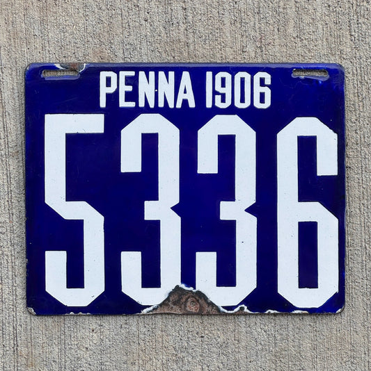 Photo of a 1906 Pennsylvania Porcelain License Plate Auto Tag 1 First Issue 5336 with original patina