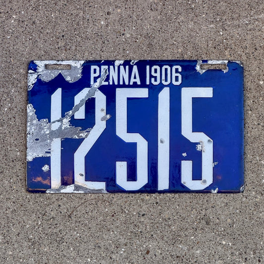 Photo of a 1906 Pennsylvania Porcelain License Plate Auto Tag 1 Vintage Garage First Issue 12515 with original patina