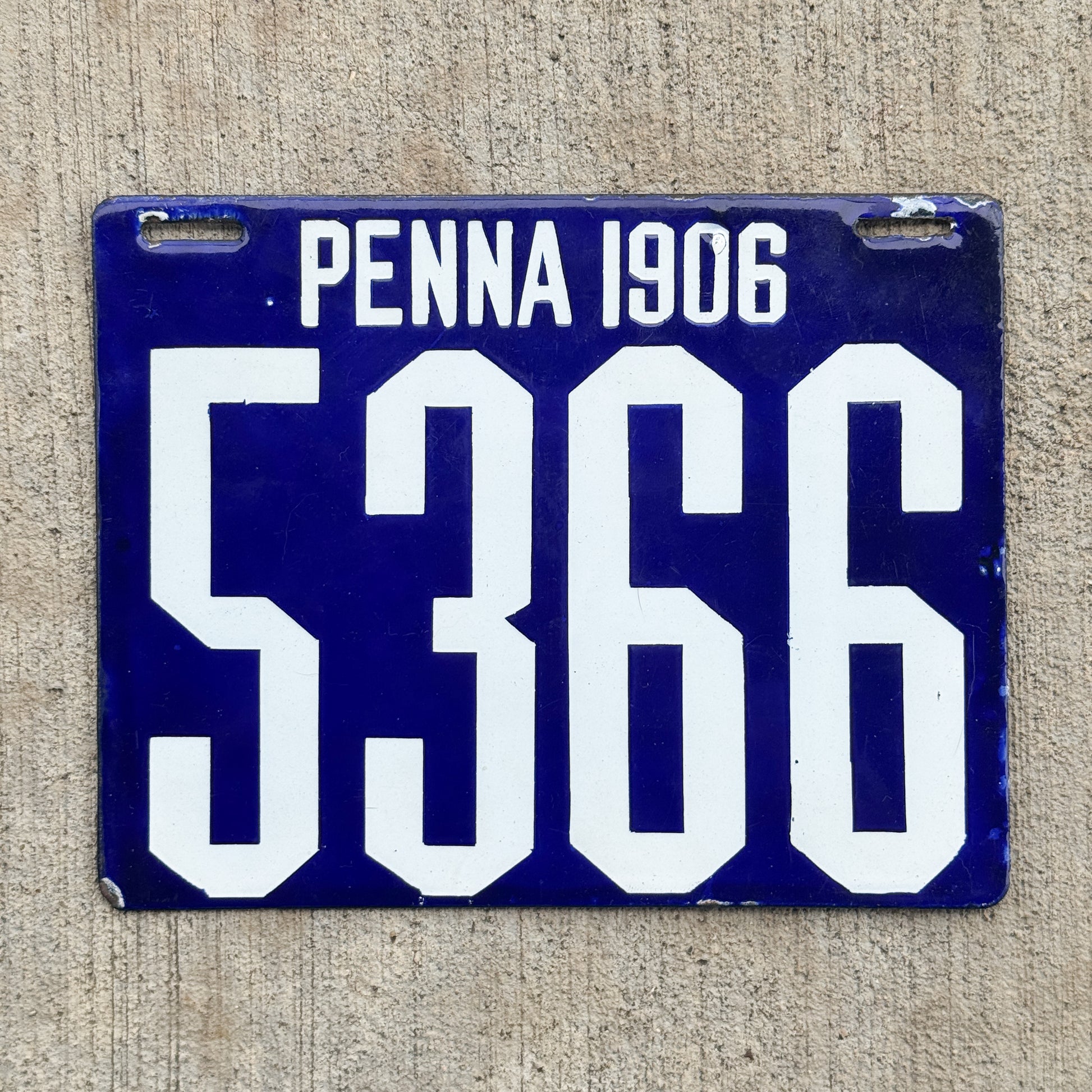 Photo of a 1906 Pennsylvania Porcelain License Plate Auto Tag 2 Low Number Four Digit 5336 with original patina