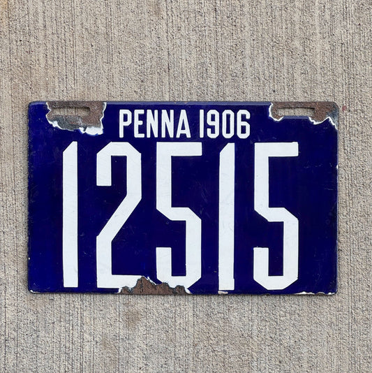 Photo of a 1906 Pennsylvania Porcelain License Plate Auto Tag 2 Vintage Garage First Issue 12515 with original patina