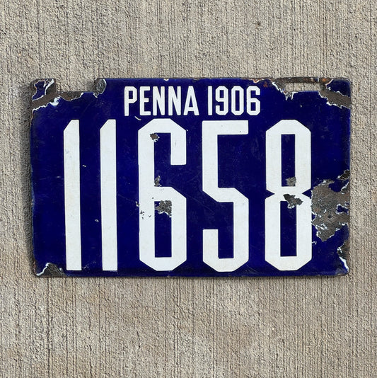 Photo of a 1906 Pennsylvania Porcelain License Plate Auto Tag Garage Decor Vintage First Issue 11658 with original patina
