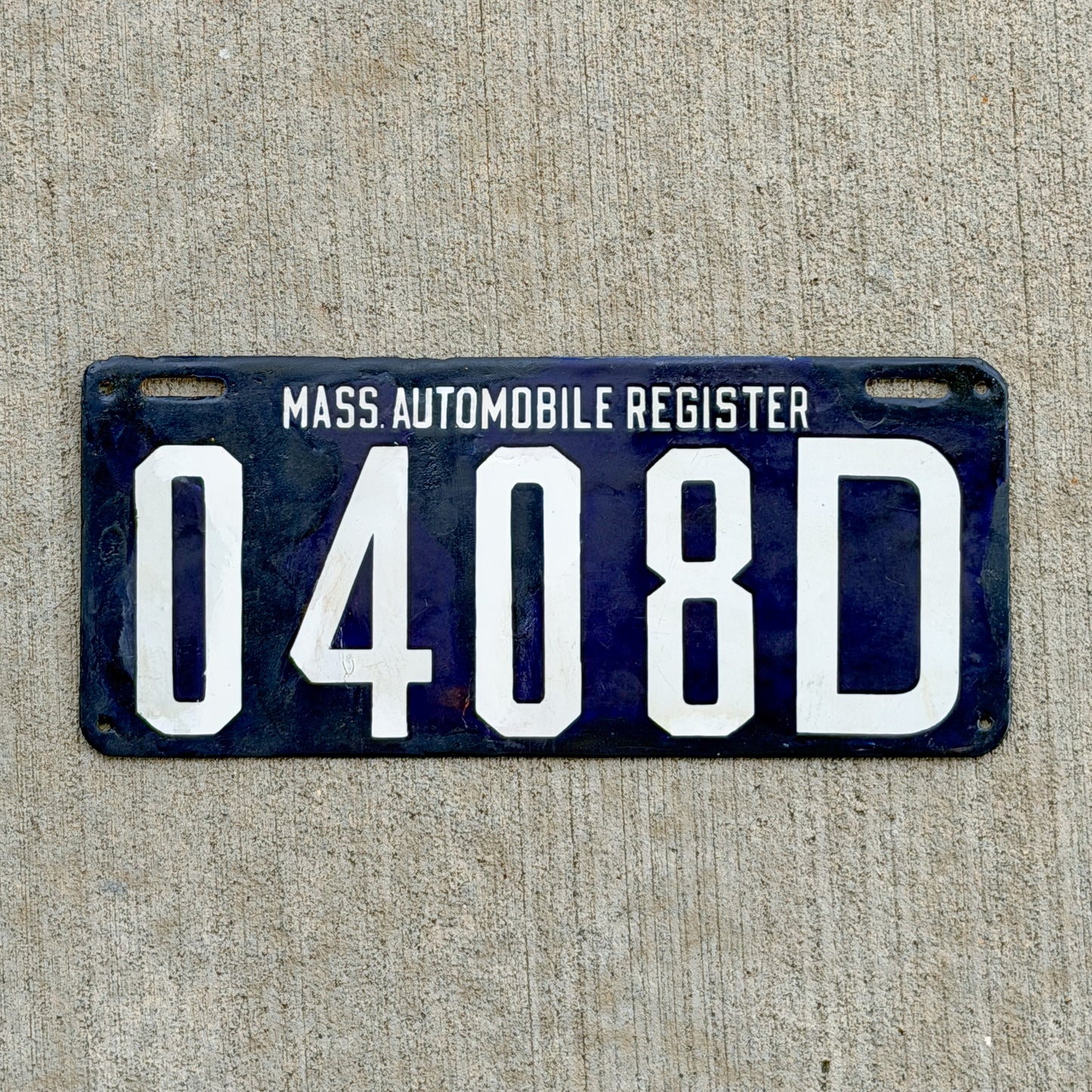 Photo of a 1907 Massachusetts Porcelain Dealer Type 2 License Plate Auto Tag Garage Decor Vintage Hard To Find Type 0408 D with original patina