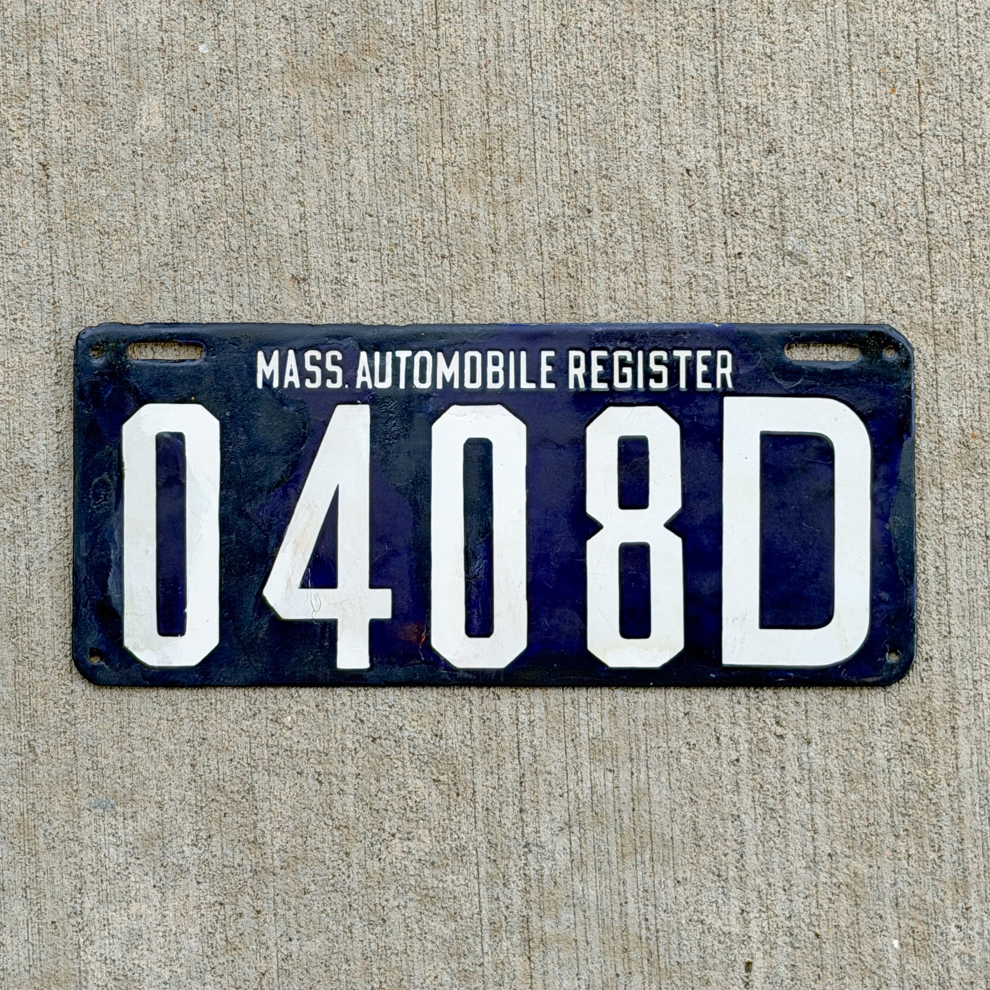 Photo of a 1907 Massachusetts Porcelain Dealer Type 2 License Plate Auto Tag Garage Decor Vintage Hard To Find Type 0408 D with original patina