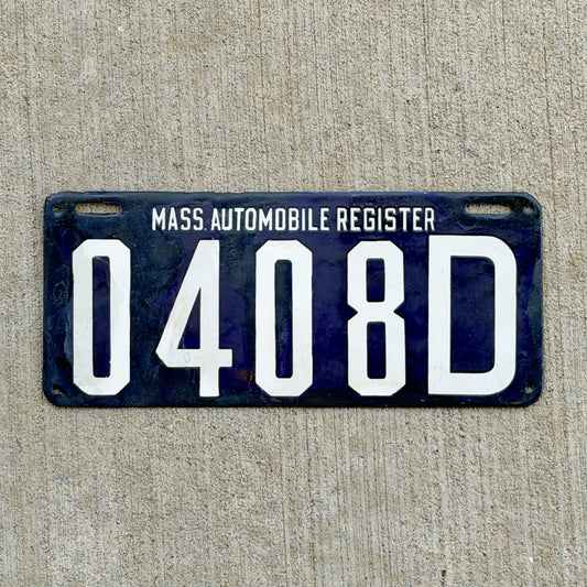 Photo of a 1907 Massachusetts Porcelain Dealer Type 2 License Plate Auto Tag Garage Decor Vintage Hard To Find Type 0408 D with original patina