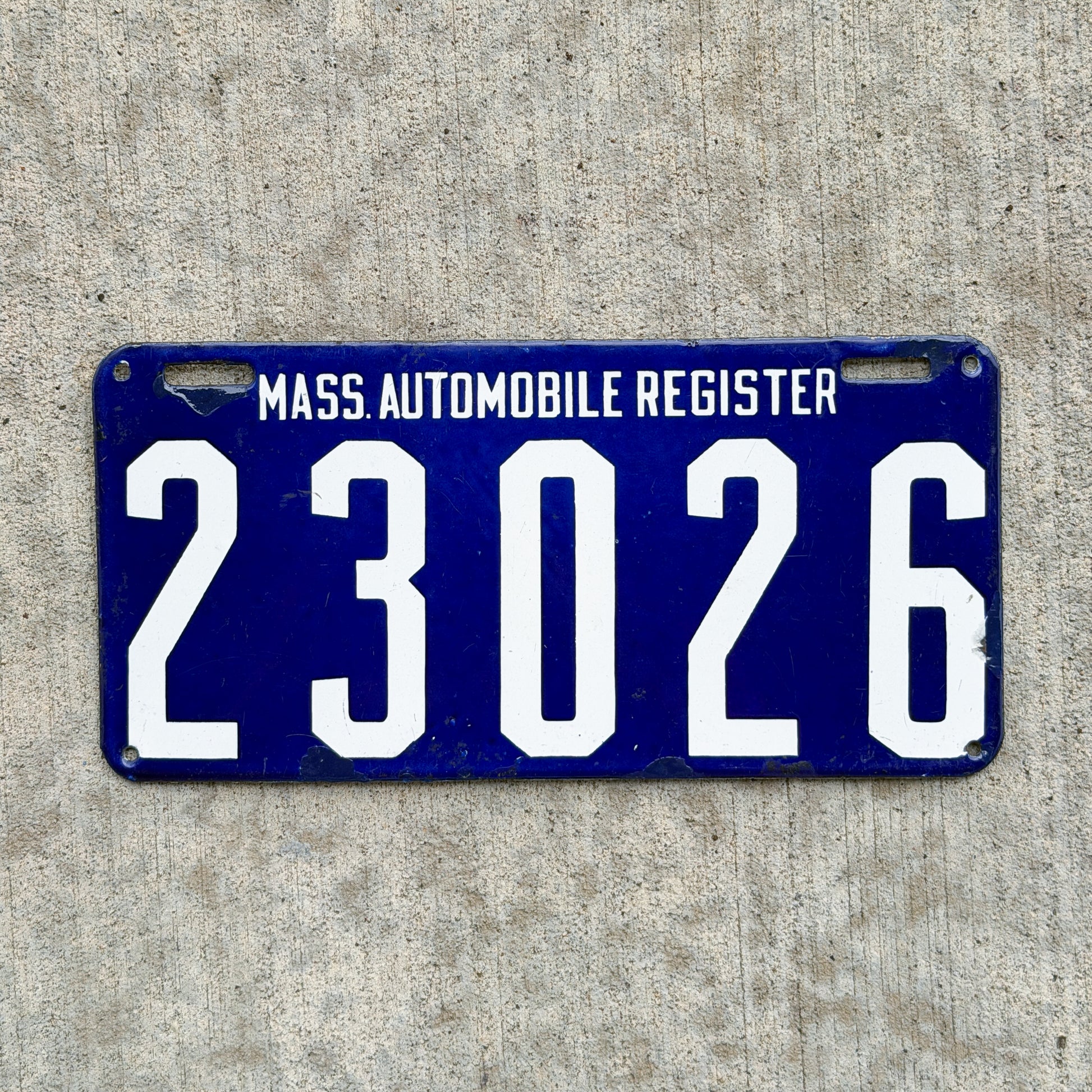 Photo of a 1907 Massachusetts Porcelain License Plate Auto Tag Garage Decor Vintage 23026 with original patina