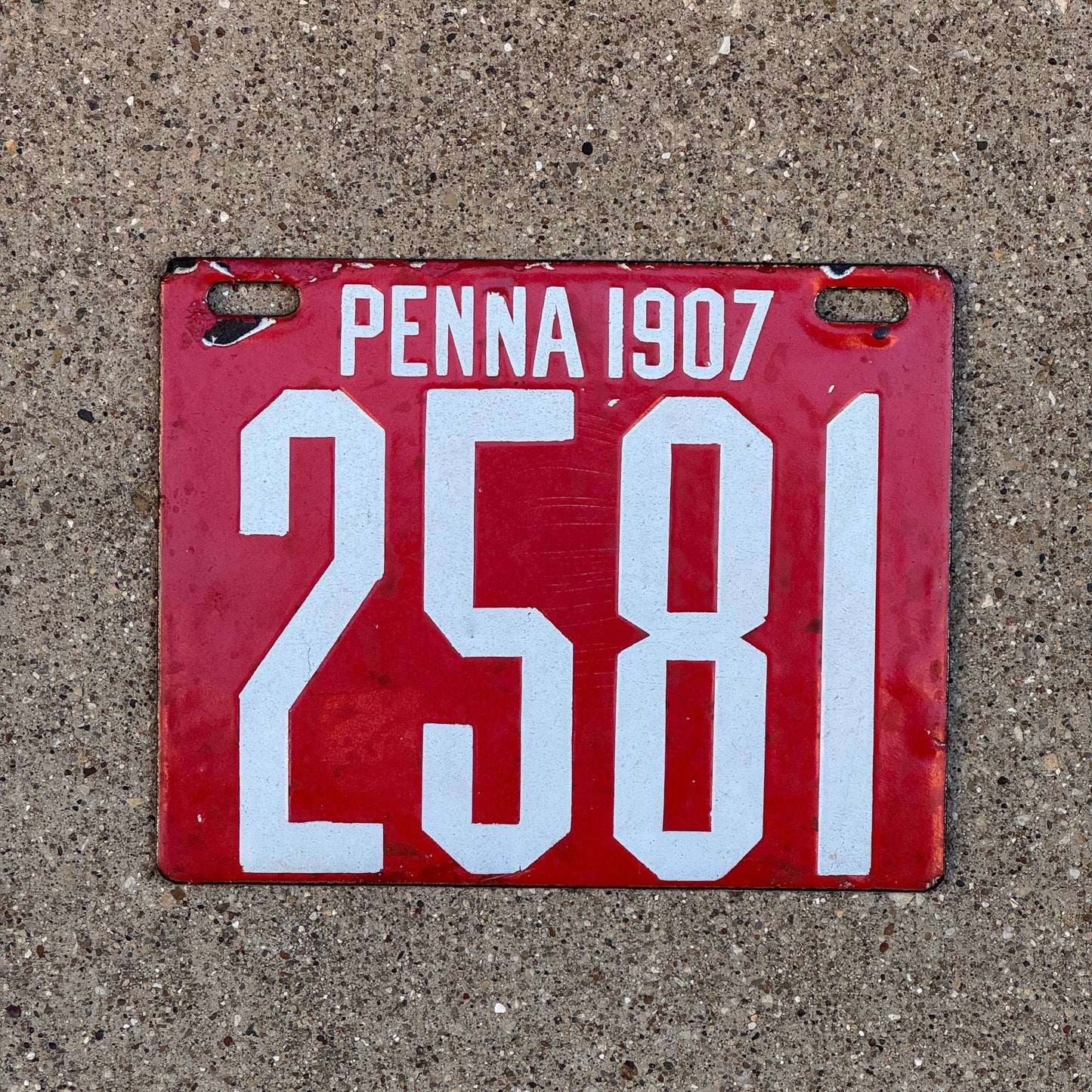 Photo of a 1907 Pennsylvania Porcelain License Plate Auto Tag Garage Decor Vintage Low Number Four Digit 2581