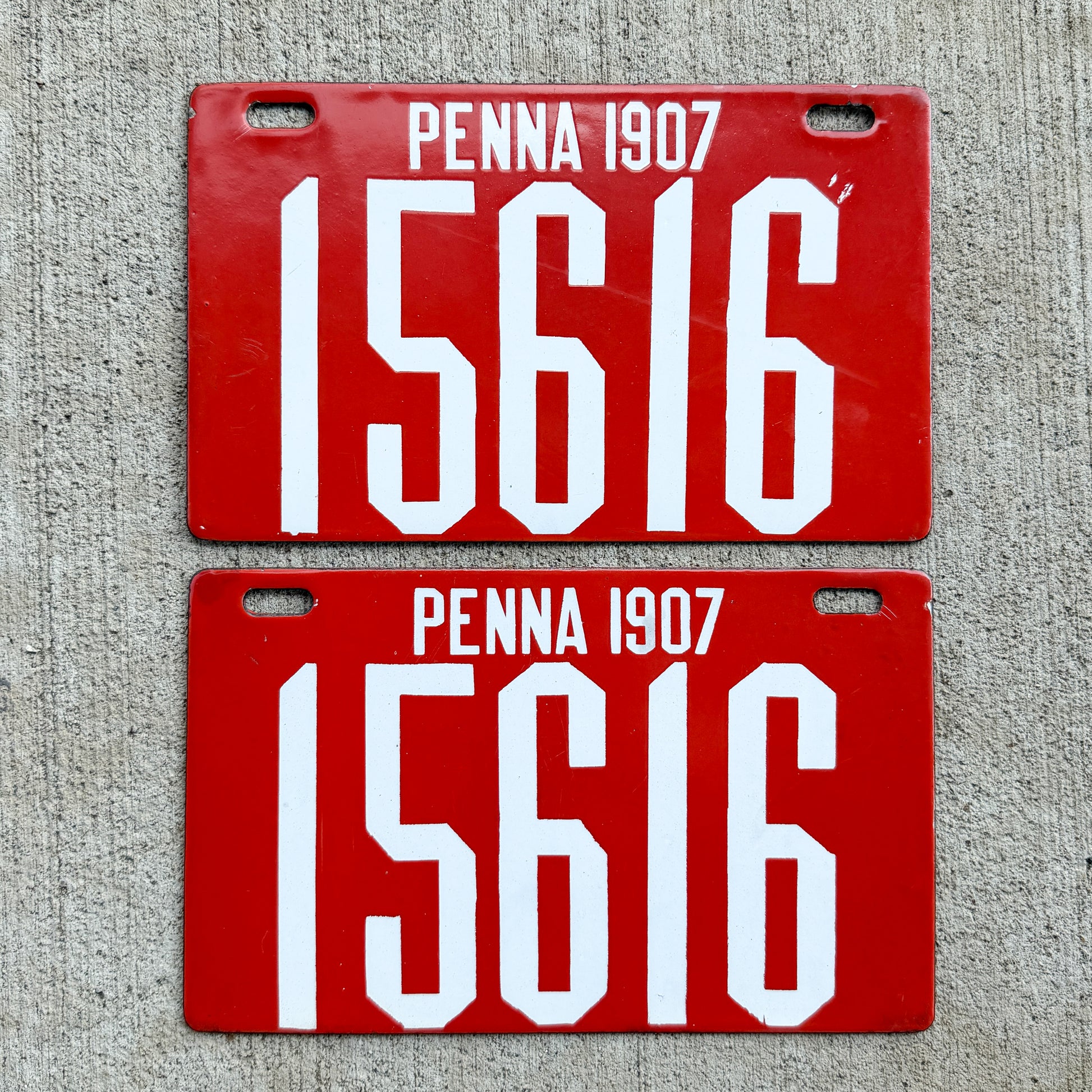 Photo of a 1907 Pennsylvania Porcelain License Plate Pair Auto Tag Garage Decor Vintage High Quality 15616 with original patina