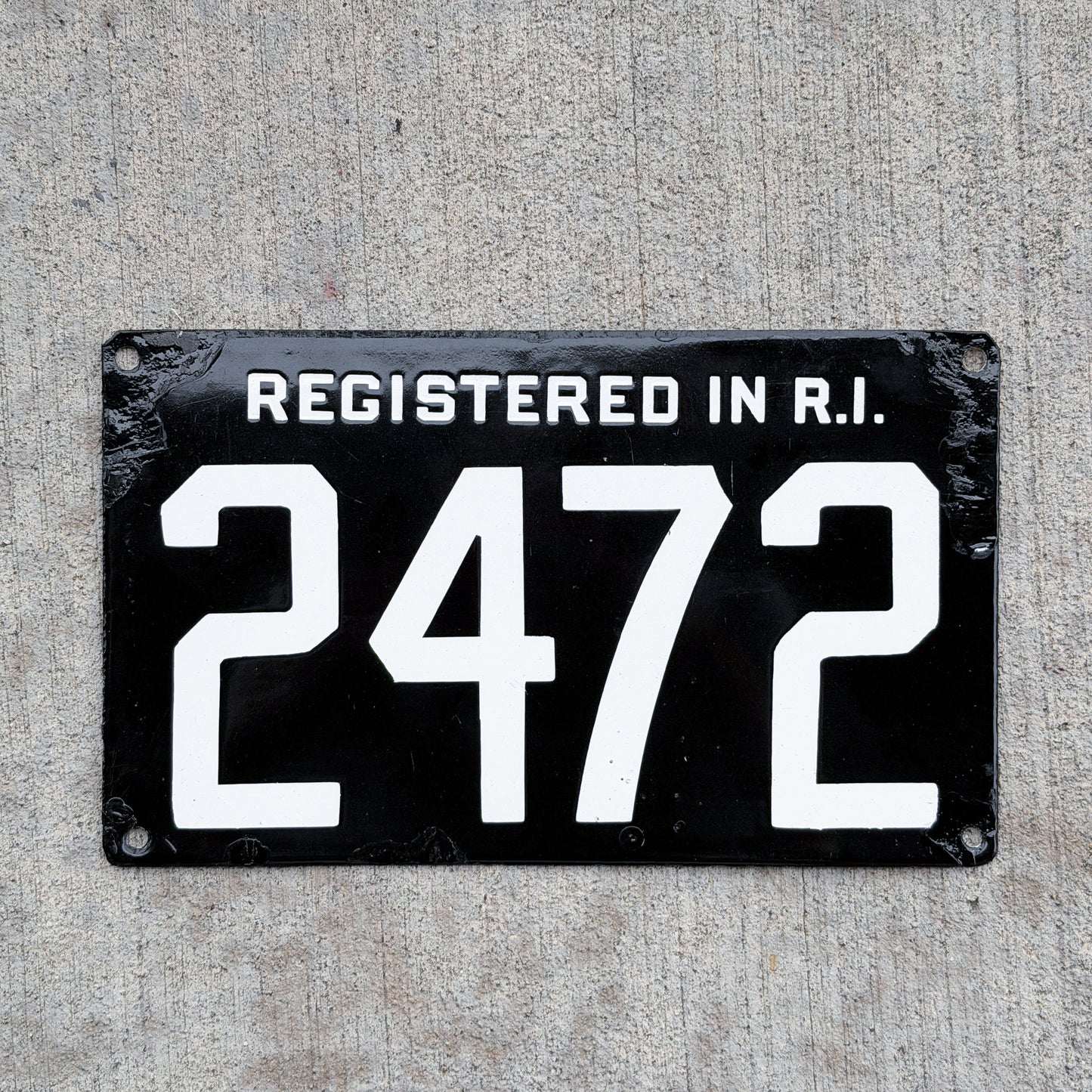 Photo of a 1907 Rhode Island Porcelain License Plate Auto Tag Garage Decor Vintage High Quality 2472 with original patina