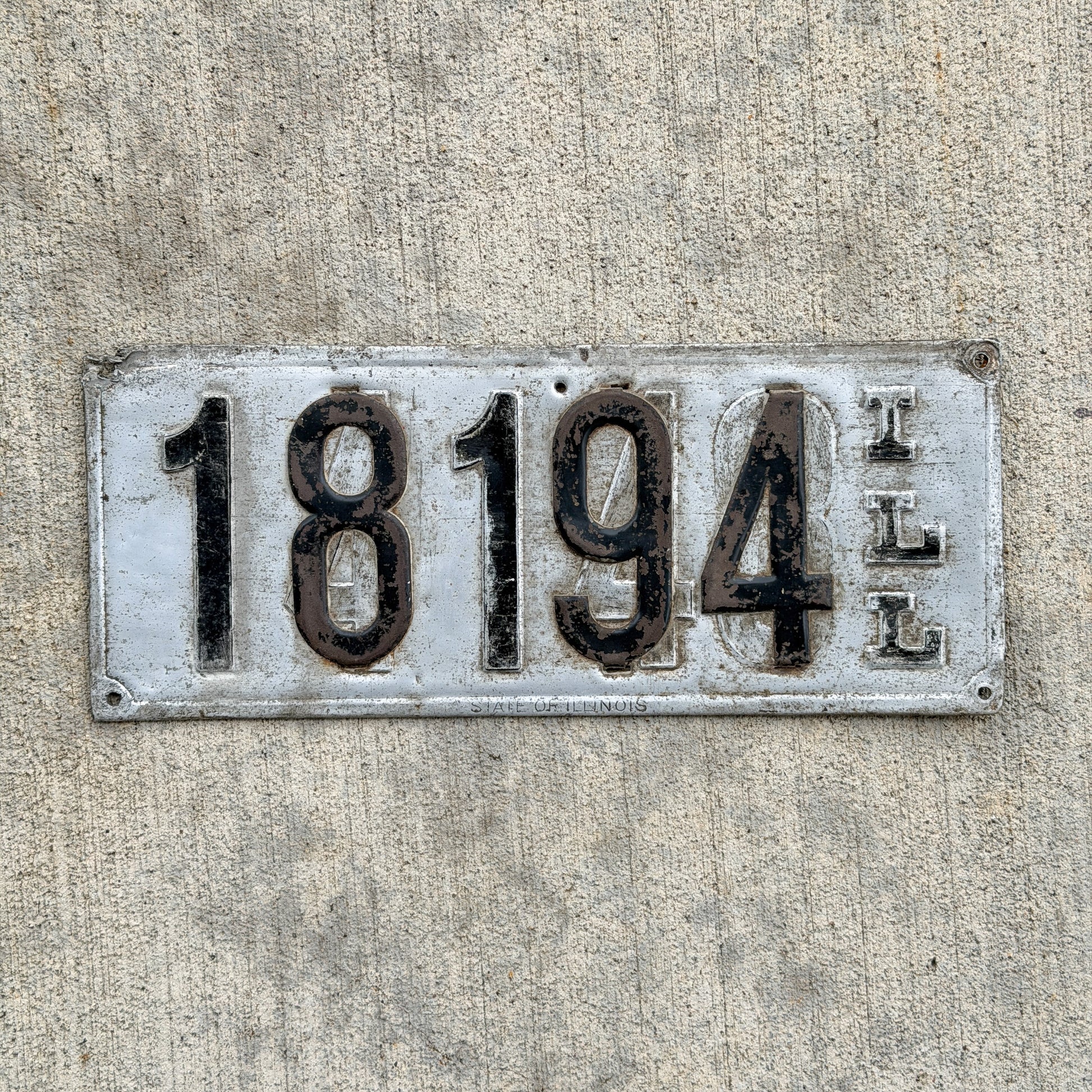 Photo of a 1908 1909 Illinois Prestate License Plate Auto Tag Garage Decor Vintage Repurposed Used Twice 18194 with original patina