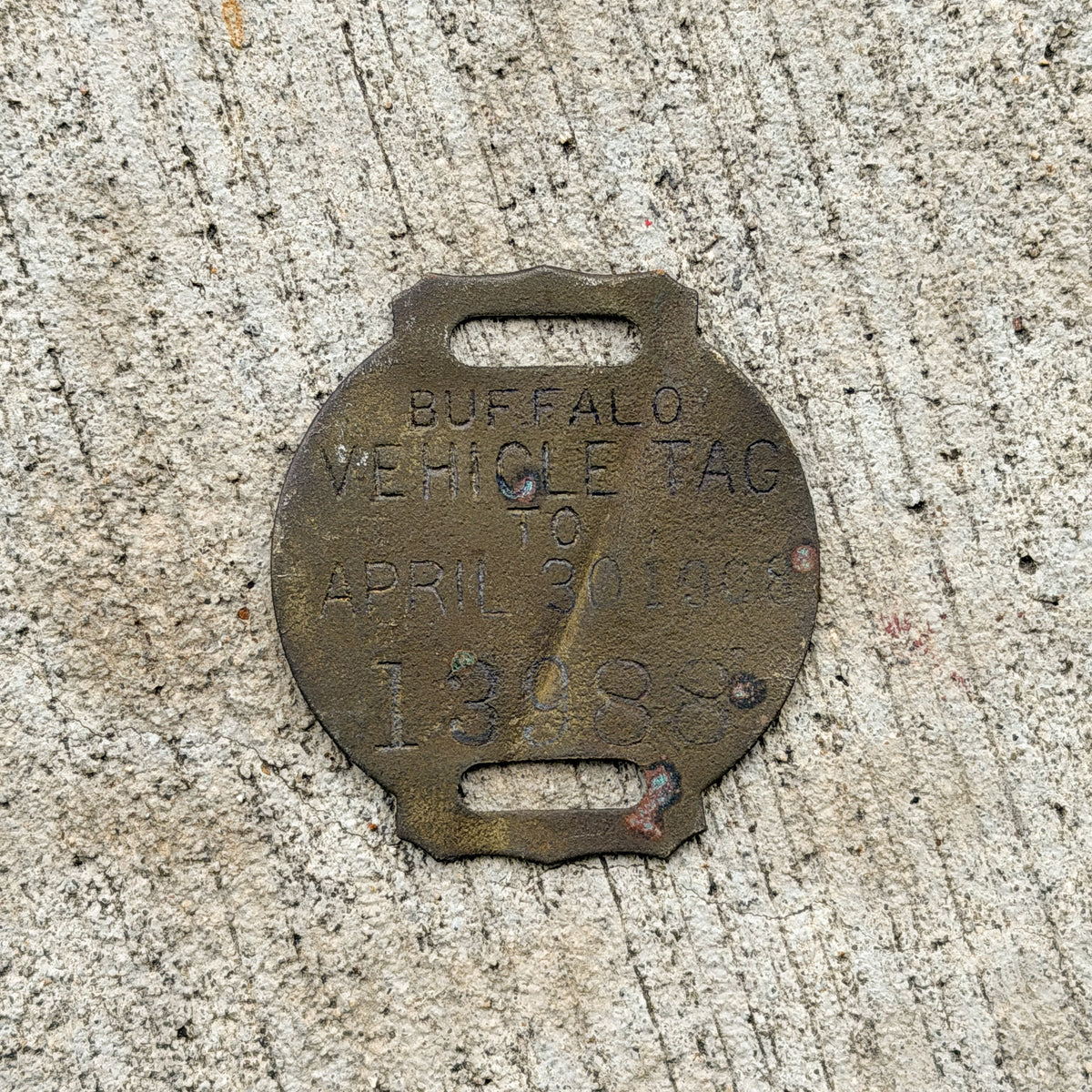 Photo of a 1908 Buffalo New York Vehicle Tax Tag License Plate Auto Tag Garage Decor Vintage 13988 with original patina