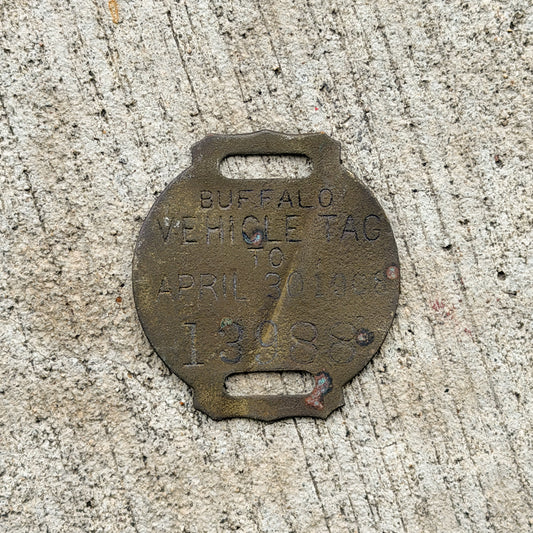 Photo of a 1908 Buffalo New York Vehicle Tax Tag License Plate Auto Tag Garage Decor Vintage 13988 with original patina