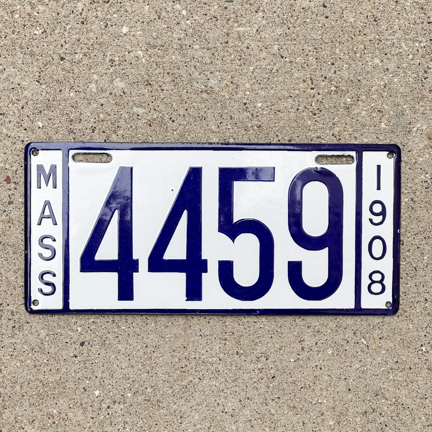 Photo of a 1908 Massachusetts Porcelain License Plate Auto Tag Garage Decor Vintage Low Number Four Digit 4459 with original patina