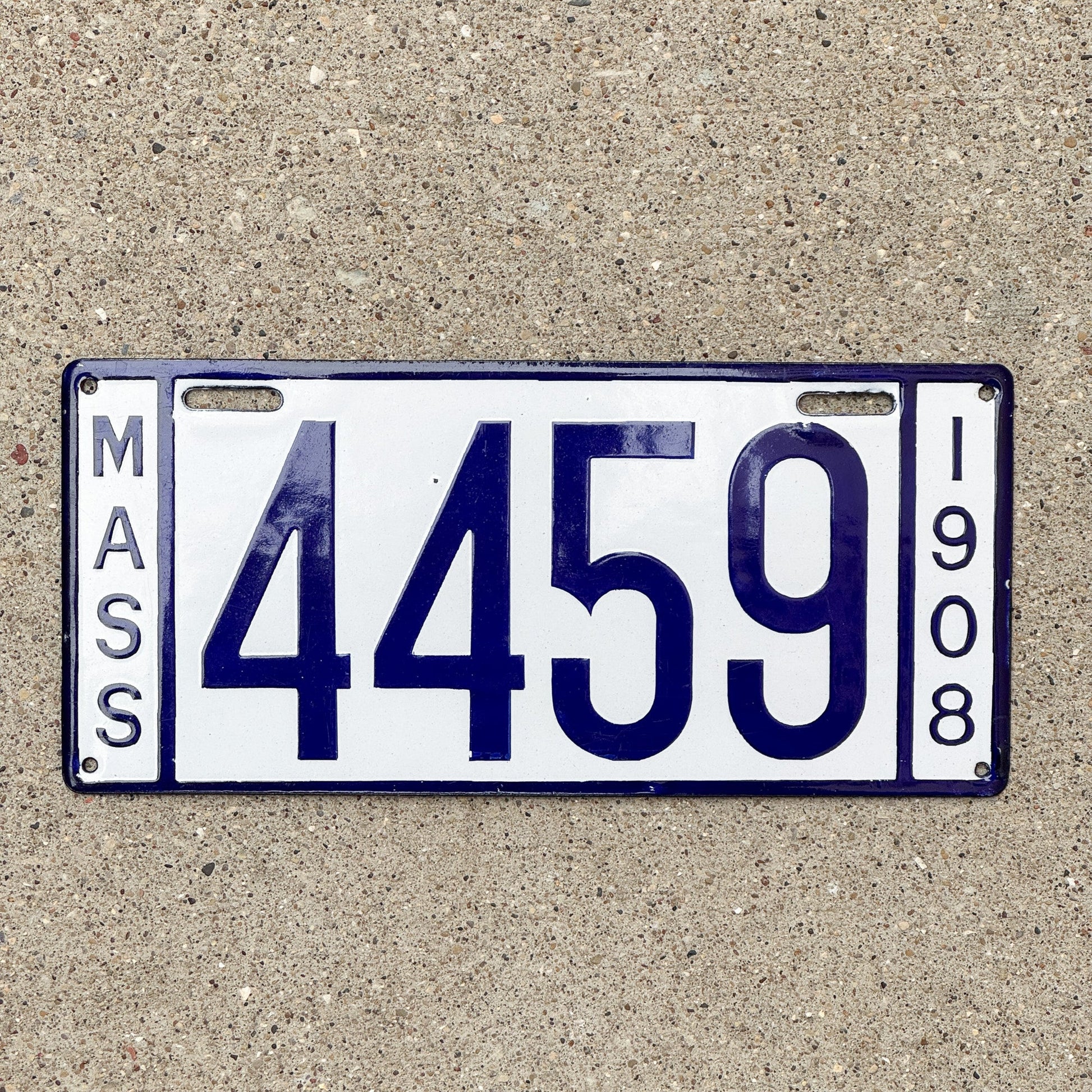 Photo of a 1908 Massachusetts Porcelain License Plate Auto Tag Garage Decor Vintage Low Number Four Digit 4459 with original patina