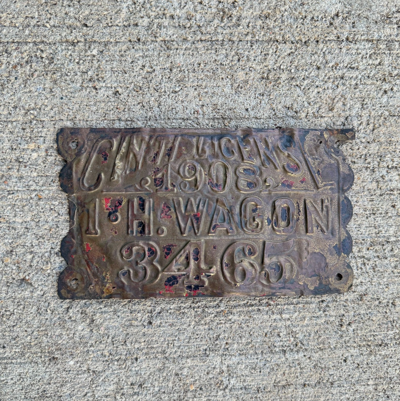 Photo of a 1908 Ohio 1 Horse Wagon License Plate Auto Tag Garage Decor Vintage Brass 3465 with original patina