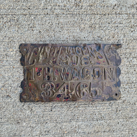Photo of a 1908 Ohio 1 Horse Wagon License Plate Auto Tag Garage Decor Vintage Brass 3465 with original patina