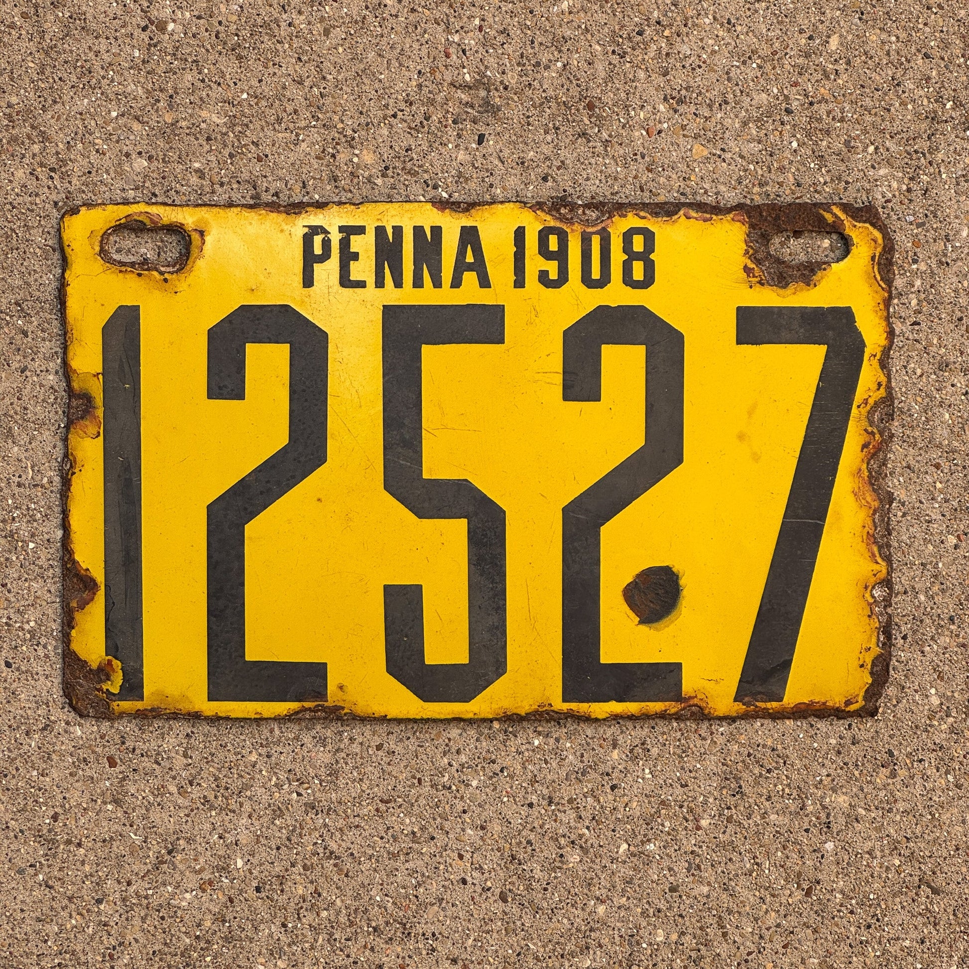 Photo of a 1908 Pennsylvania Porcelain License Plate Auto Tag Garage Decor Vintage 12527
