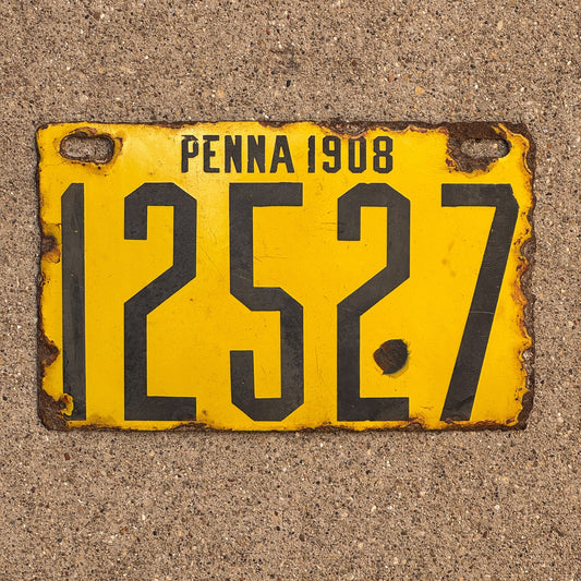 Photo of a 1908 Pennsylvania Porcelain License Plate Auto Tag Garage Decor Vintage 12527
