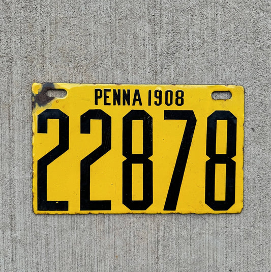 Photo of a 1908 Pennsylvania Porcelain License Plate Auto Tag Garage Decor Vintage 22878 with original patina