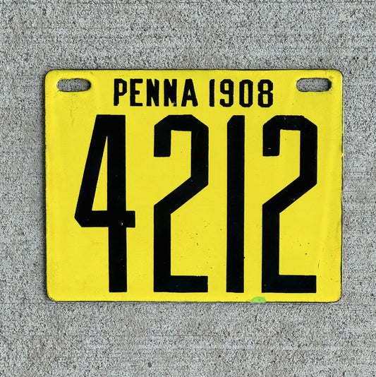 Photo of a 1908 Pennsylvania Porcelain License Plate Auto Tag Garage Decor Vintage High Quality Low Number Four Digit 4212 with original patina