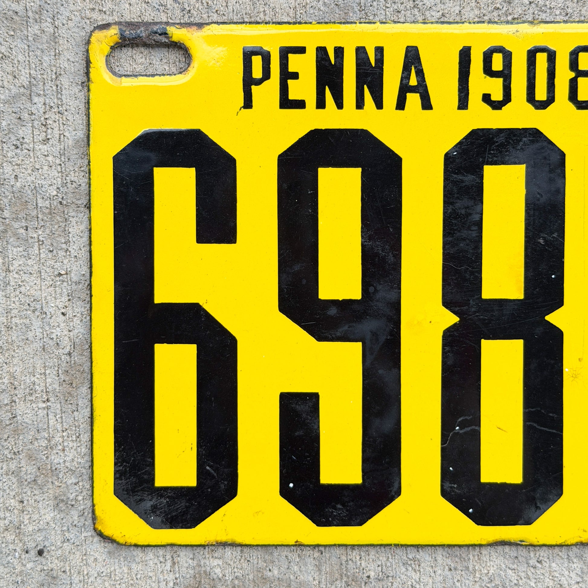Photo of a 1908 Pennsylvania Porcelain License Plate Auto Tag Garage Decor Vintage High Quality Low Number Four Digit 6989 with original patina