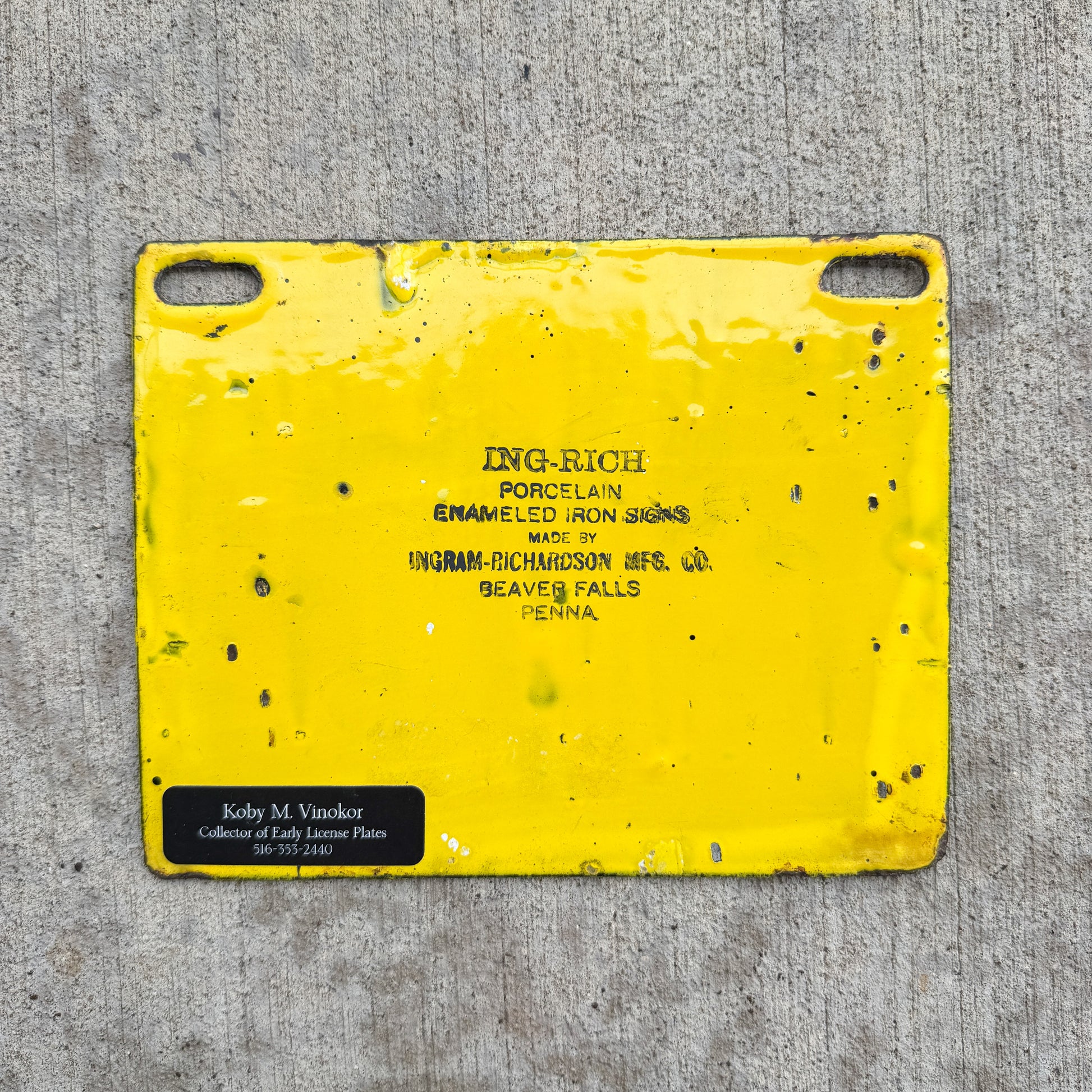 Photo of a 1908 Pennsylvania Porcelain License Plate Auto Tag Garage Decor Vintage High Quality Low Number Four Digit 6989 with original patina