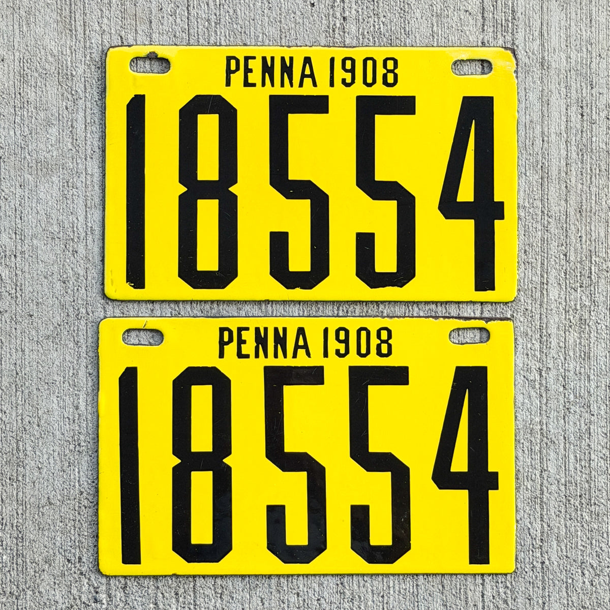 Photo of a 1908 Pennsylvania Porcelain License Plate Pair Auto Tag Garage Decor Vintage High Quality 18554 with original patina