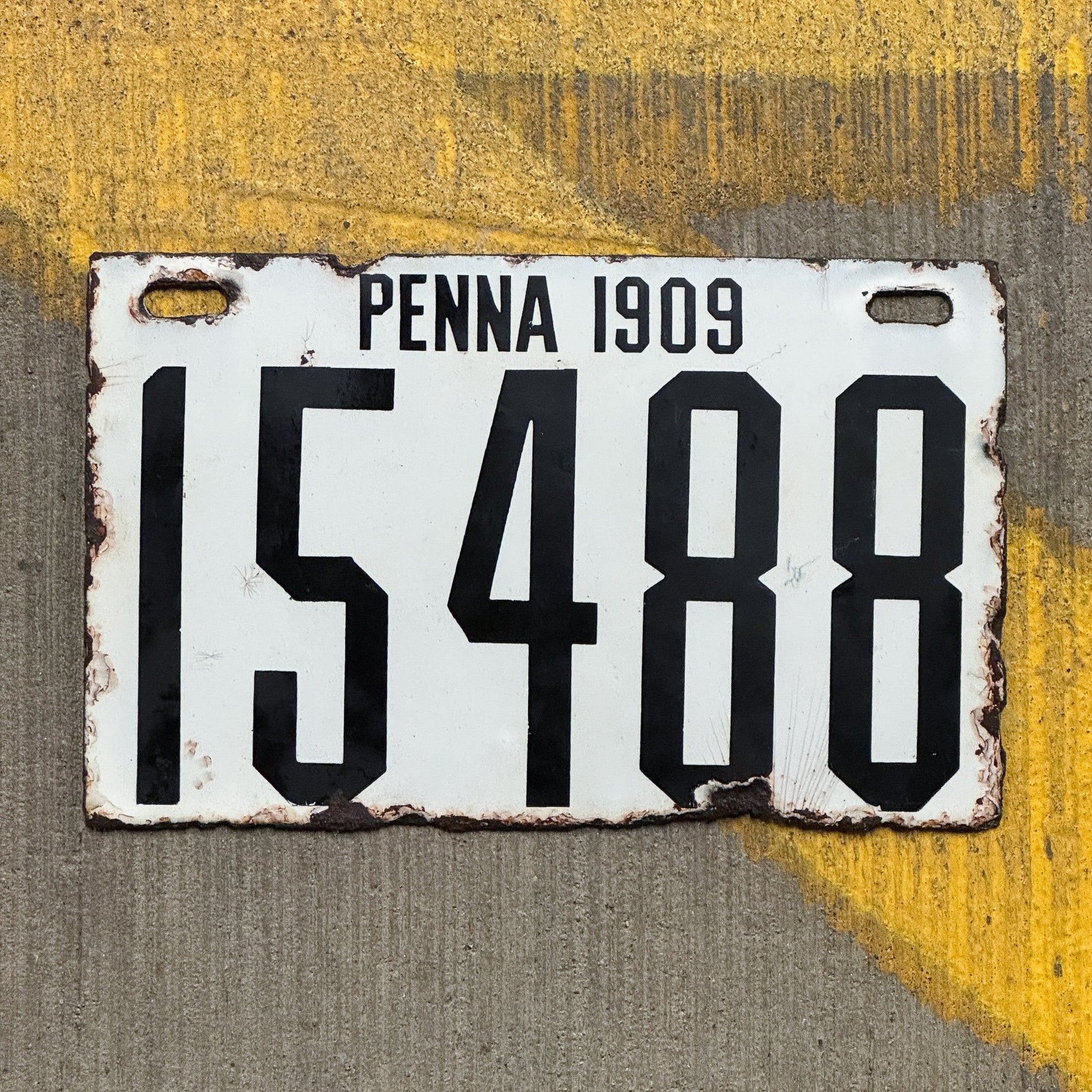 Photo of a 1909 Pennsylvania Porcelain License Plate Auto Tag Garage Decor Vintage 15488 with original patina