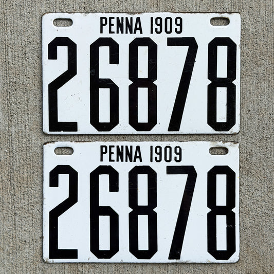 Photo of a 1909 Pennsylvania Porcelain License Plate Pair Auto Tag Garage Decor Vintage High Quality 26878 with original patina
