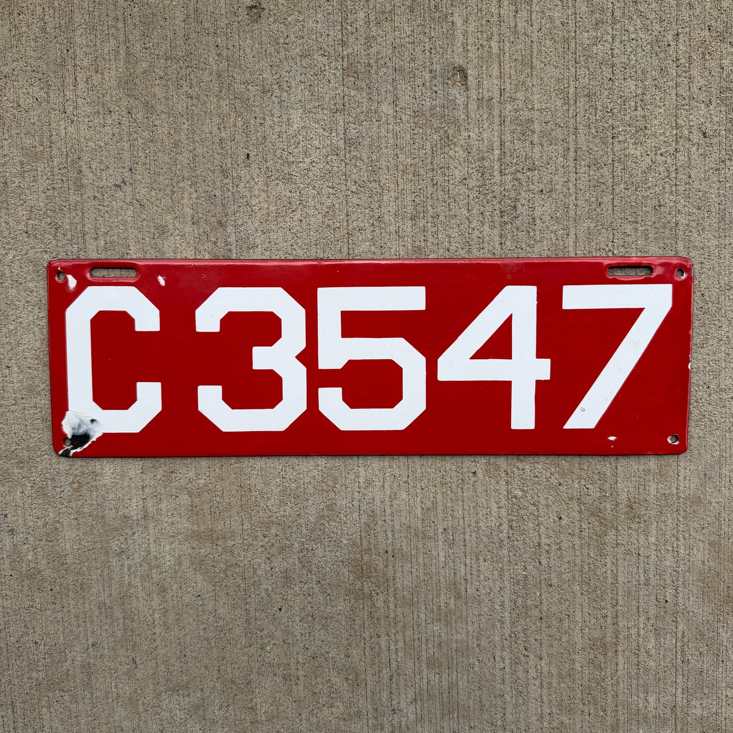 Photo of a 1910 Connecticut Porcelain License Plate Auto Tag Garage Decor Vintage Low Number Four Digit 3547 with original patina