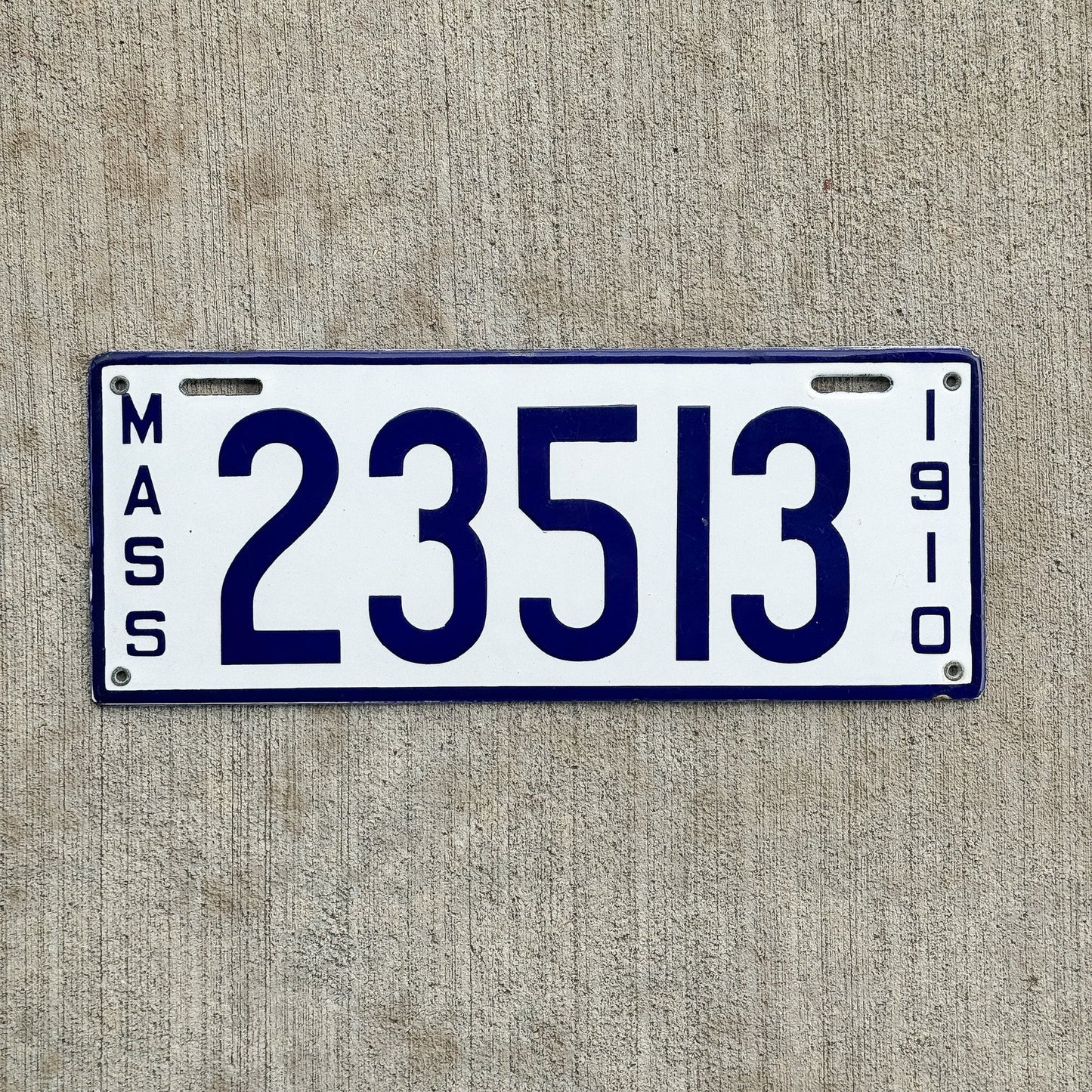 Photo of a 1910 Massachusetts Porcelain License Plate Auto Tag Garage Decor Vintage High Quality 23513 with original patina
