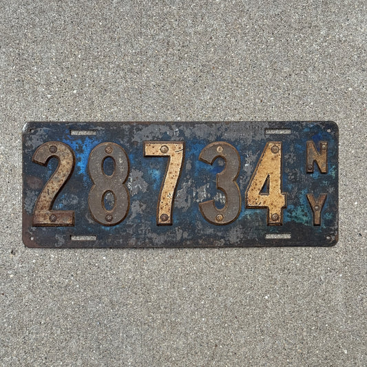 Photo of a 1910 New York License Plate Auto Tag Garage Decor Vintage First Issue 28734 with original patina