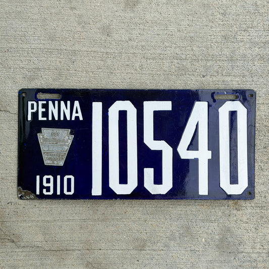 Photo of a 1910 Pennsylvania Porcelain License Plate Auto Tag Garage Decor Vintage High Quality Glossy 10540 with original patina