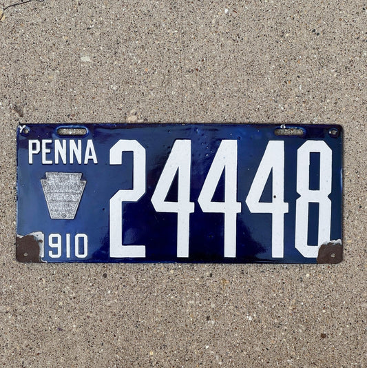 Photo of a 1910 Pennsylvania Porcelain License Plate Auto Tag Garage Decor Vintage Repeat Repeating 24448 with original patina