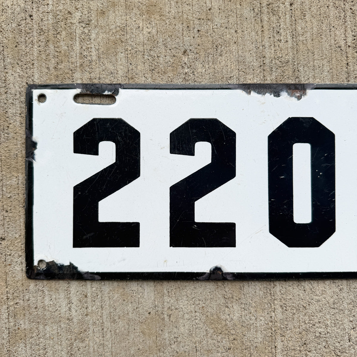 Photo of a 1910 Vermont Porcelain License Plate Auto Tag Garage Decor Vintage Low Number Three Digit 220 with original patina